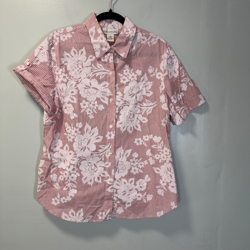 Evan Picone Womens Pink White Striped Floral Button Down Shirt Size 14